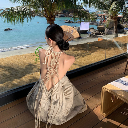 2025 Design sense woven neck dress women's summer seaside wear with backless beach skirt new Chinese ink suspender skirt fairy