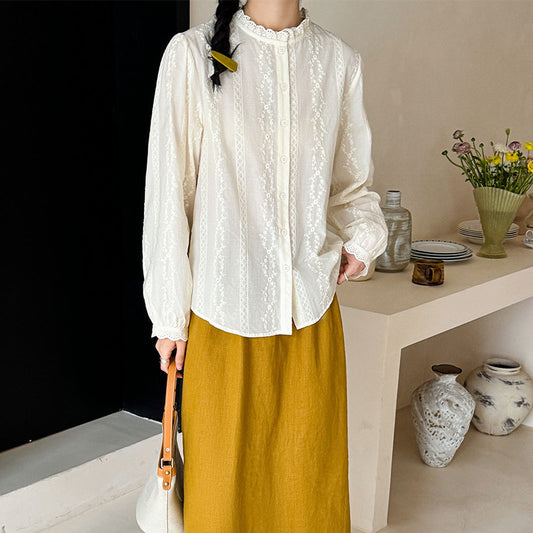 [Customized]  fungus edge pure cotton shirt women's  spring clothing new niche design high sense