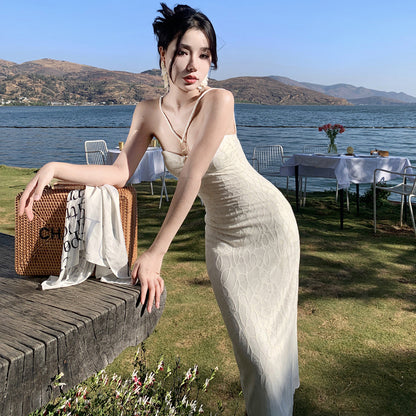 2025 temperament white romantic jacquard tube top skirt sexy hollow slim-fitting hip-wrapped suspender body dress