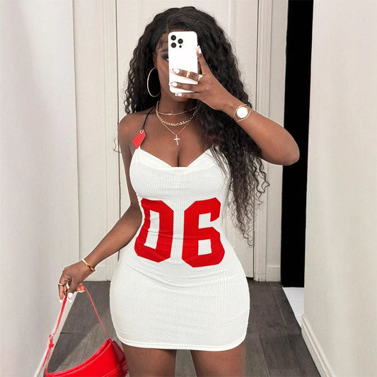 new women's clothing sexy fashion personalized mesh cloth printing suspenders leather tube top backless dress