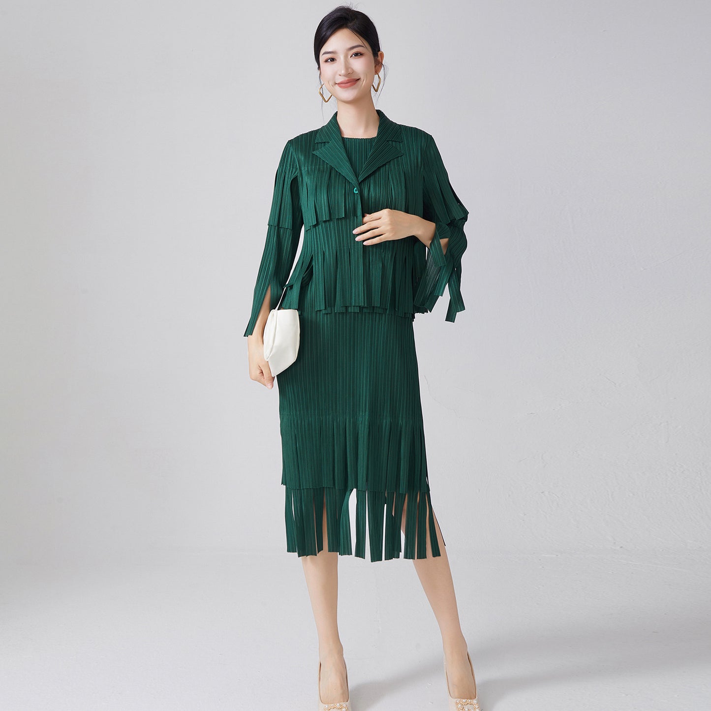 2025 Women's temperament fashion suit women's high-end fringed sleeveless dress cardigan shawl jacket two-piece set spring