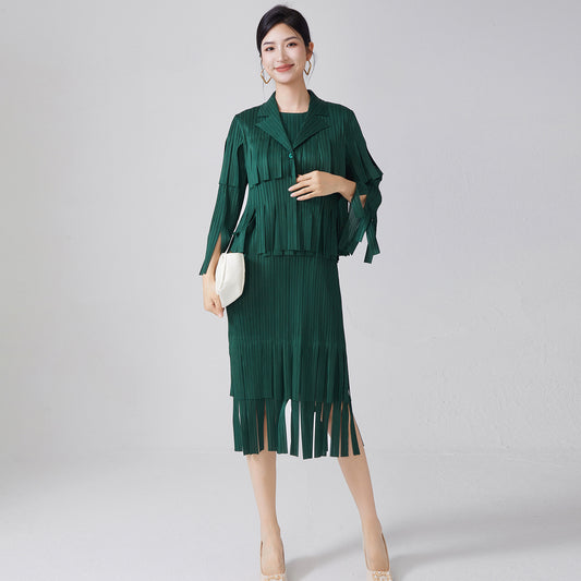 2025 Women's temperament fashion suit women's high-end fringed sleeveless dress cardigan shawl jacket two-piece set spring