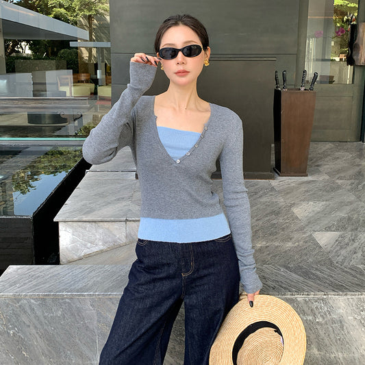 2025 spring new versatile wool color matching bottoming knitted sweater fake two long-sleeved top women 25221