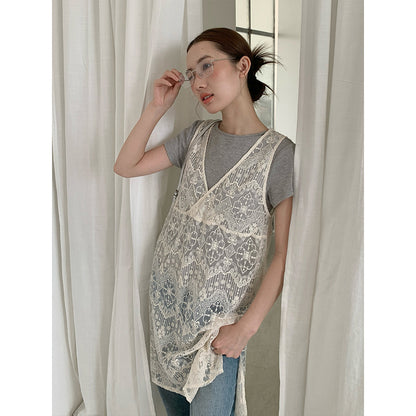 2025 THE MIND lace hollow blouse 2025 summer new design sense niche stacking suspender skirt 020AX