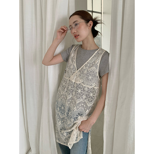 2025 THE MIND lace hollow blouse 2025 summer new design sense niche stacking suspender skirt 020AX