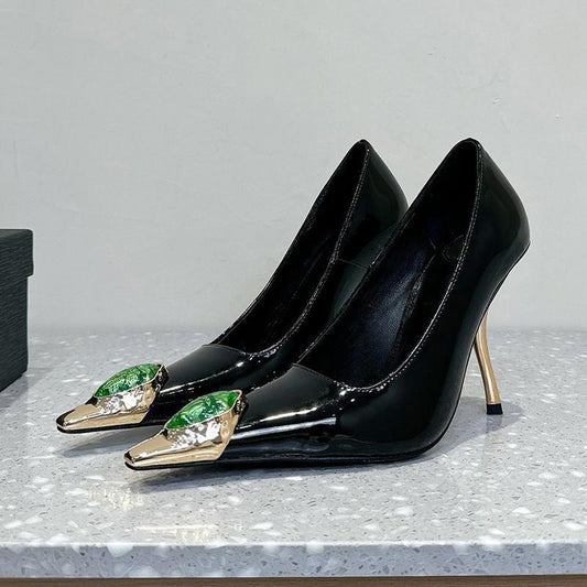 2025  Poplar forest same style royal sister high heels women's thin heels 2025 early spring metal small square head sexy gemstone beautiful single shoes