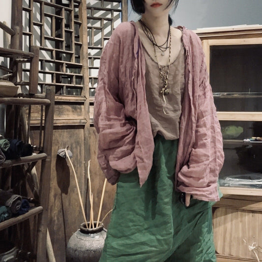2025    24/5 SN61 retro solid color literary linen button-up long-sleeved cardigan