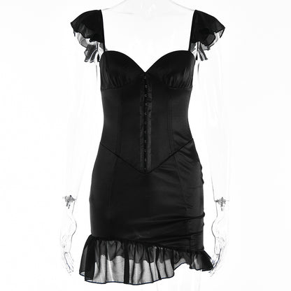 2025 style fashionable and sexy backless ruffle edge short skirt one-word collar low-cut suspender dress autumn new models