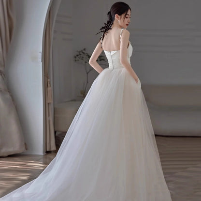 2025 Light wedding dress  new Mori bride simple high-end satin bow suspender collar certificate engagement dress dress