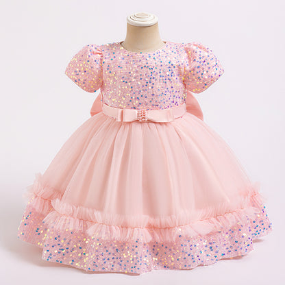 Xiangtuibao One Year Old Celebration Dress Girls' Dress Princess Children's Dress New Short-Sleeved Sequined Pettiskirt Children's Dress Cross-Border Wholesale
