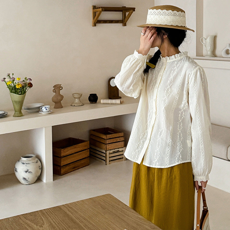 [Customized]  fungus edge pure cotton shirt women's  spring clothing new niche design high sense