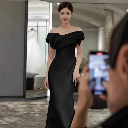 2025 black one-word shoulder satin banquet annual meeting host birthday temperament fishtail trailing evening dress dress