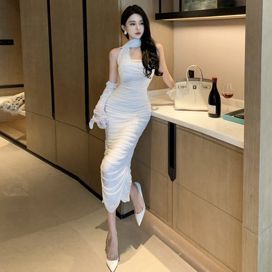 2025 light luxury birthday party dress white certificate engagement banquet light dress holiday style neck dress