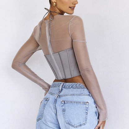 2025 New women's clothing  sexy babes low-necked T-shirt perspective splicing solid color irregular long-sleeved top