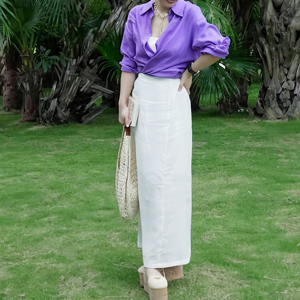 2025 early spring new jadeite shadow original design linen suit women's white shirt green skirt two-piece set