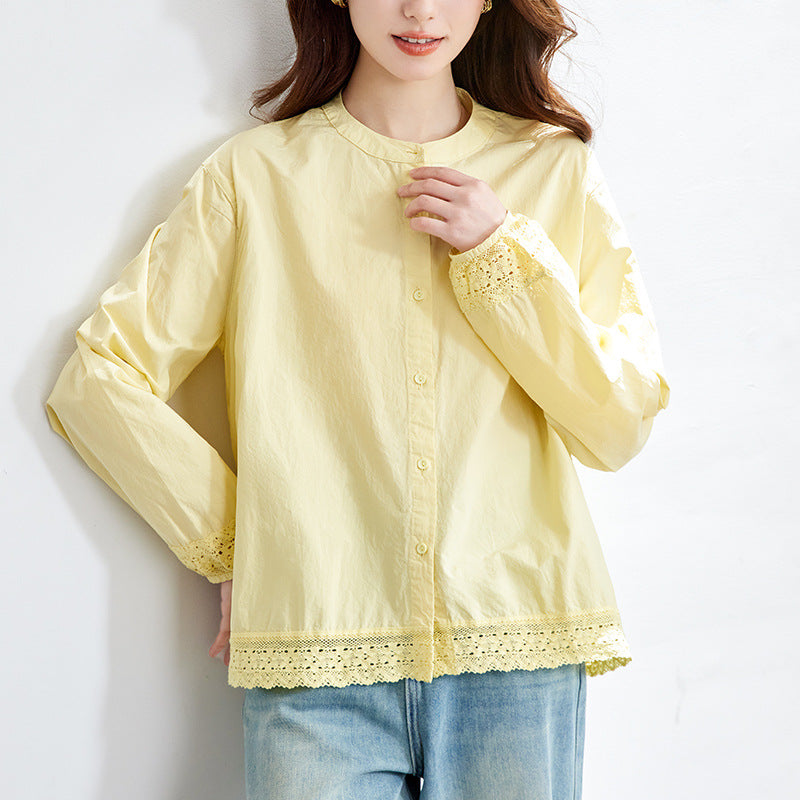 [Customized] Goose yellow shirt women's long sleeves  summer new lace lace loose and thin shirt women