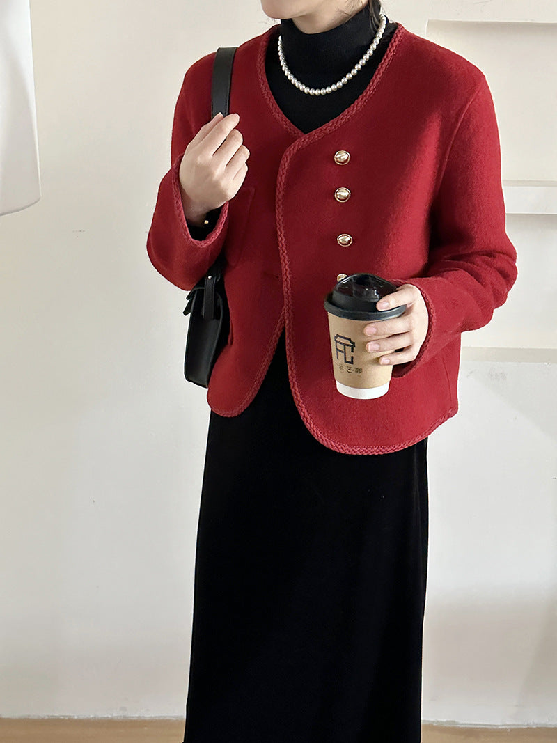 2025 Xiaoxiangfeng button decoration Maillard asymmetrical double-sided wool outer coat versatile temperament woolen coat new