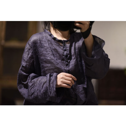2025    23/3 Xiaochu, inner literary and retro light and thin ramie loose shoulder crew neck button-down shirt