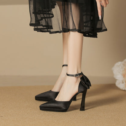 2025 105-2 Bow pointed stiletto high heels waterproof table not tired feet single shoes women's word hollow high heel sandals