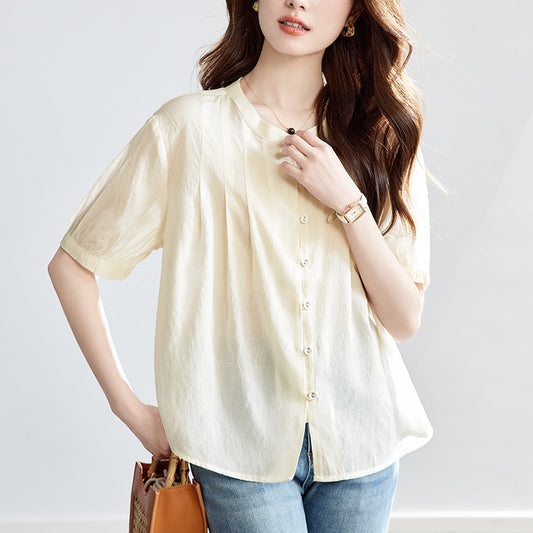 [Customized] Crew neck apricot shirt women's short sleeves  summer thin loose top Tencel shirt lining