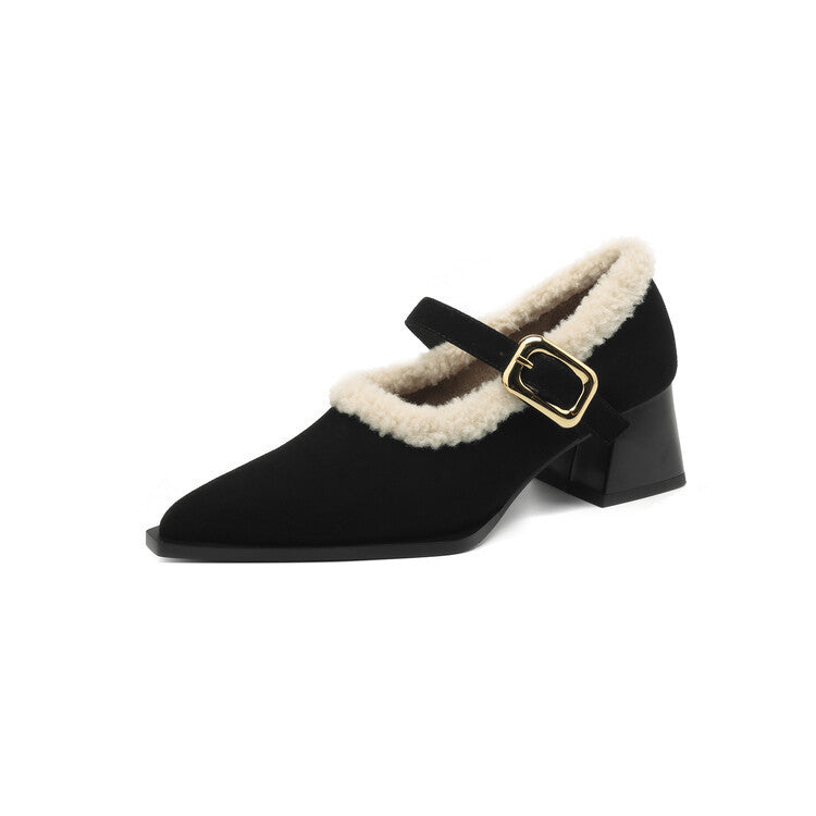 2025  retro fluffy shoes women's autumn and winter one-word with pointed thick heels single shoes velvet Mary Jane high heels