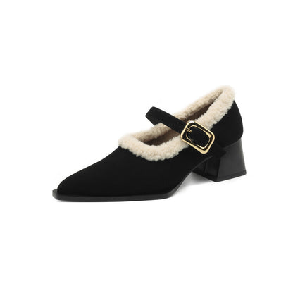 2025  retro fluffy shoes women's autumn and winter one-word with pointed thick heels single shoes velvet Mary Jane high heels