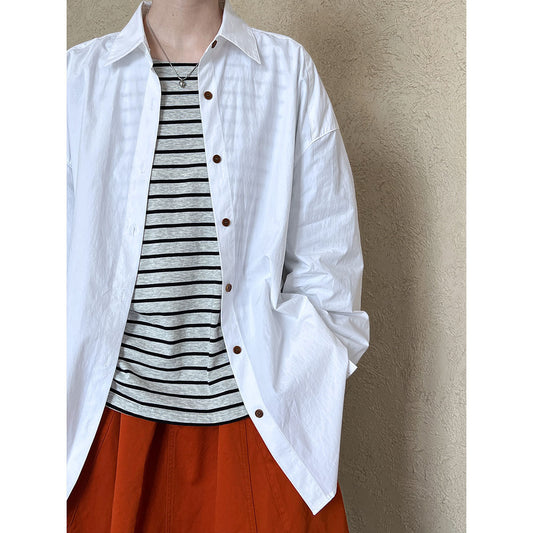 Luxi  spring new retro contrasting color button white shirt women's Korean age-reducing stacked outer shirt 3395