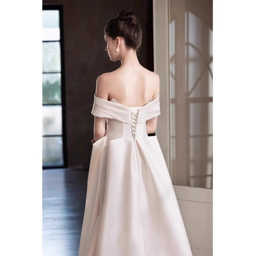 2025 light wedding dress bride  new high-end satin door yarn simple one-word shoulder engagement robe dress