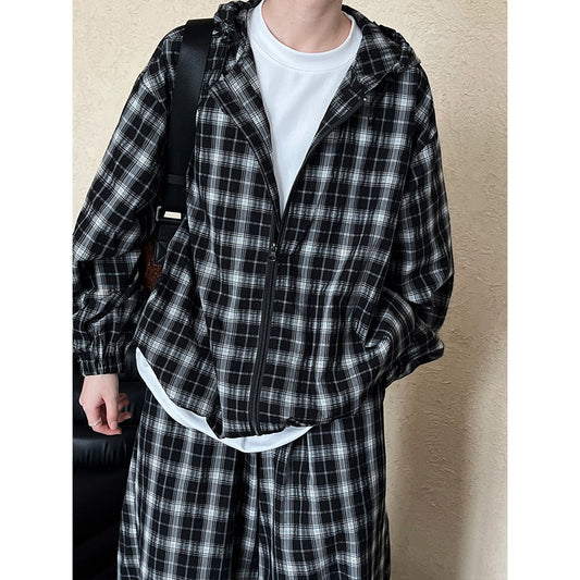 Luxi, retro contrasting color plaid jacket women's popular autumn new long-sleeved loose drawstring hooded top 3990