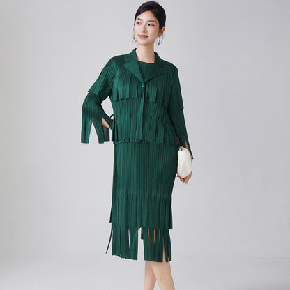 2025 Women's temperament fashion suit women's high-end fringed sleeveless dress cardigan shawl jacket two-piece set spring