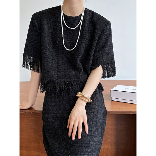 Luxi, spring  small fragrant style suit women's fringed top + split skirt fashion two-piece set 5586