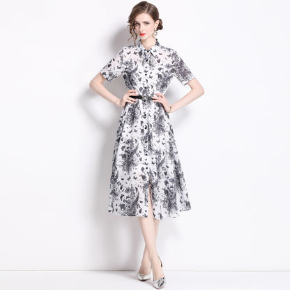 Summer high-end retro temperament short-sleeved lapel waist thin single-breasted a-word ink painting printed dress