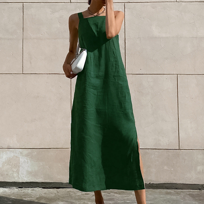 2025 popular new  long dress cotton and linen sleeveless dress women's summer sexy green slit straight suspender skirt