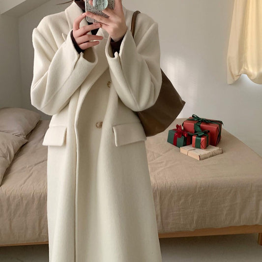 2025 Double-breasted flap Korean extended suit collar double-sided wool coat temperament popular autumn and winter woolen coat women