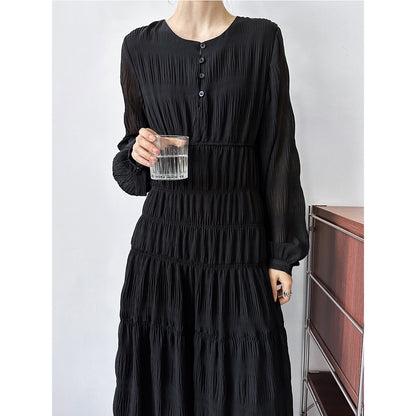 Luxi  women's new  pleated dress Korean waist chiffon long-sleeved fairy dress 3686