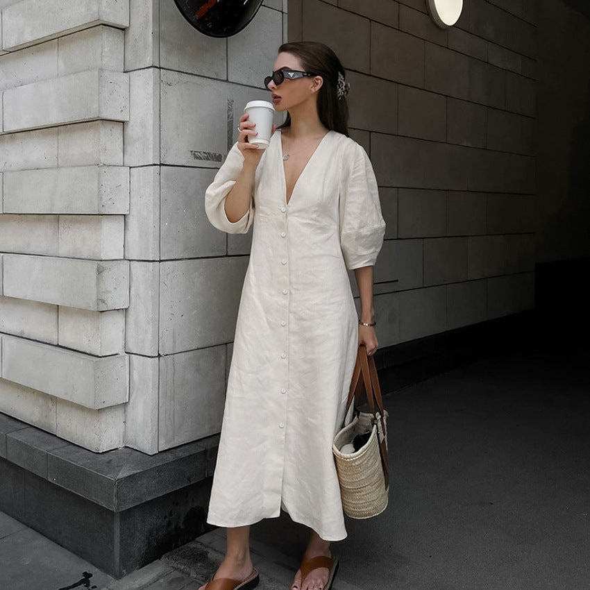 2025 light ripe beige cotton and linen bubble sleeve dress women's summer backless loose V-neck shirt skirt long dress