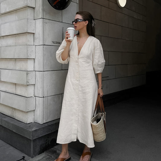 2025 light ripe beige cotton and linen bubble sleeve dress women's summer backless loose V-neck shirt skirt long dress
