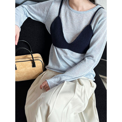 Luxi Korean sling vest + crew neck knitted sweater set for women's  spring new contrasting colors stacked two-piece set ss708