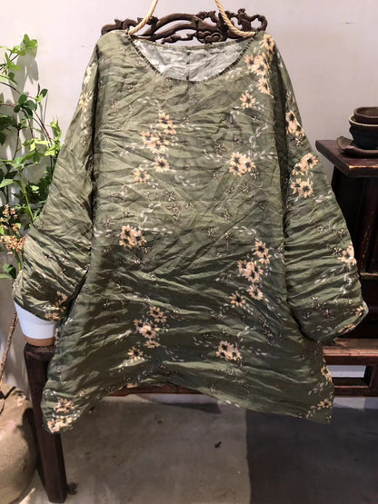 2025  23/4/Tea Ancient/Spring and Summer Literary Retro Ramie Printed Crew Neck Pullover Shoulder Medium Long Shirt