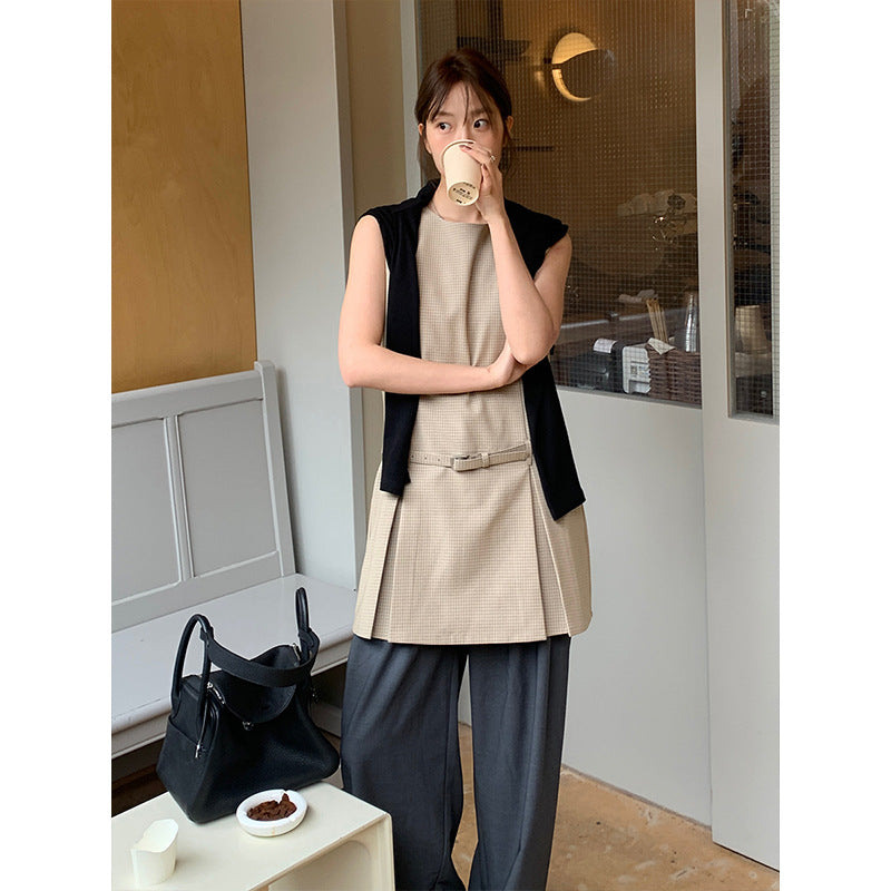 2025 THE MIND high-end simple dress 2025 summer new product with belt and thin sleeveless skirt T235