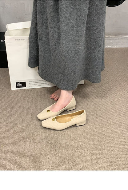 2025  Gentle velvet thick heel single shoes autumn and winter new camellia temperament square head commuting ladyshoes