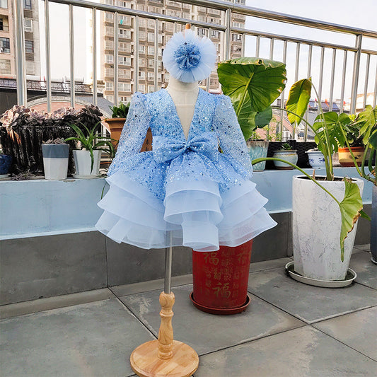 Xiangtuibao One Year Old Celebration Dress Girls Blue Princess Dress Baby Girl Birthday Pettiskirt Flower Girl Wedding Children Host's Dress