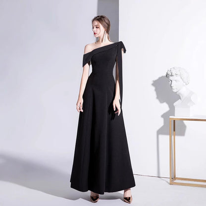 2025 Black evening dress women's  spring new one-shoulder celebrity temperament banquet dress slim long daily dress