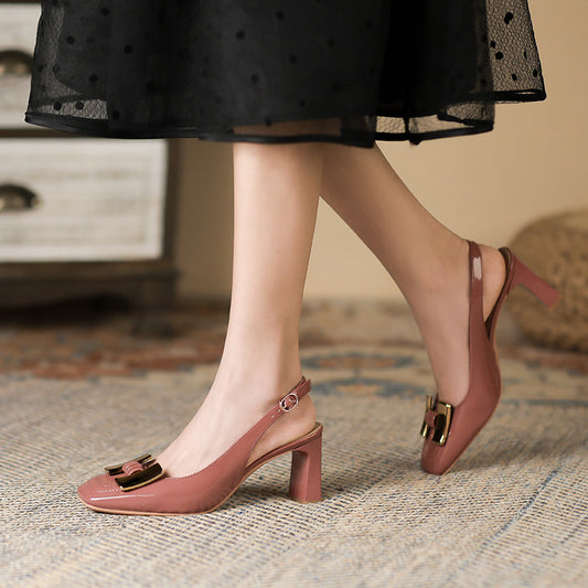 2025 778-10 Baotou Sandals Women's 2025 New Summer Thick Heel Shallow Mouth Square Head Metal Buckle Baotou Backempty Sandals