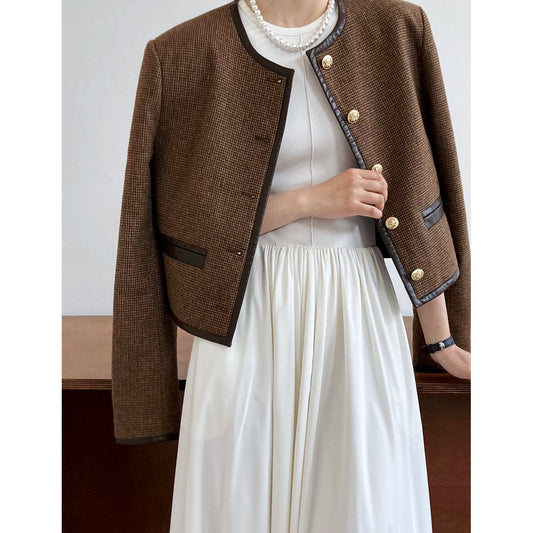 Luxi,  Xiaoxiangfeng jacket for women's  early spring new pu leather splicing retro thousand bird grid top 5585