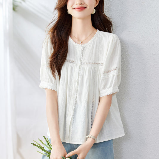 Cotton Cocoon,  Cotton White Shirt Women's Short Sleeve  New Small Lace Bubble Sleeve Top