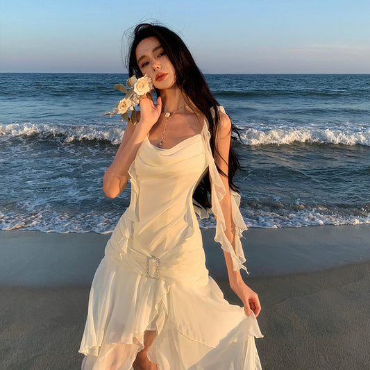 2025 gentle wind white suspender dress design sense niche vacation super fairy Mori swing collar split fork long dress