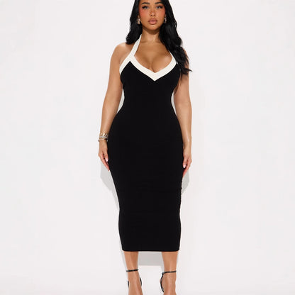 Popular,  and the United States summer new women's clothing New Popular trade sexy babes solid color neck halter waist tight dress