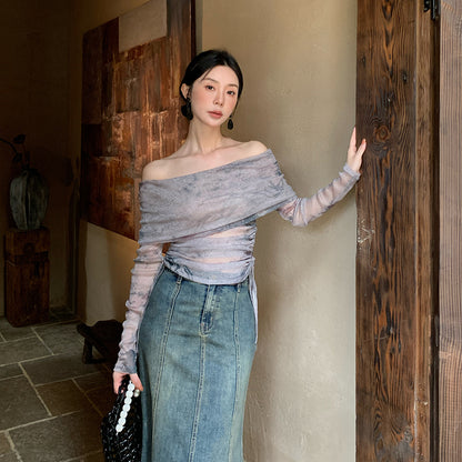 2025 popular autumn new temperament one-word collar versatile bottoming shirt long-sleeved knitted sweater women's top 89070