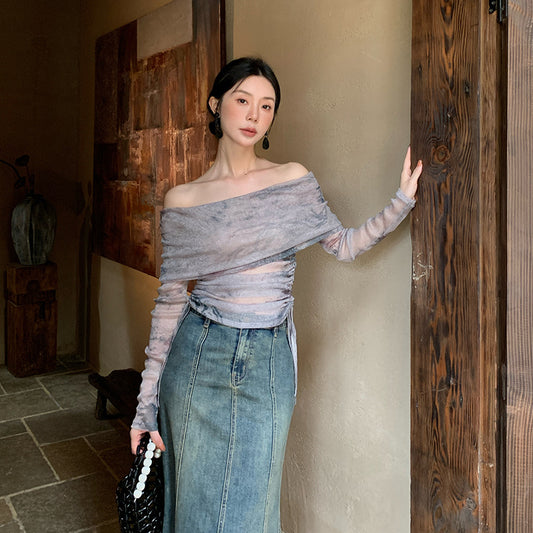2025 popular autumn new temperament one-word collar versatile bottoming shirt long-sleeved knitted sweater women's top 89070